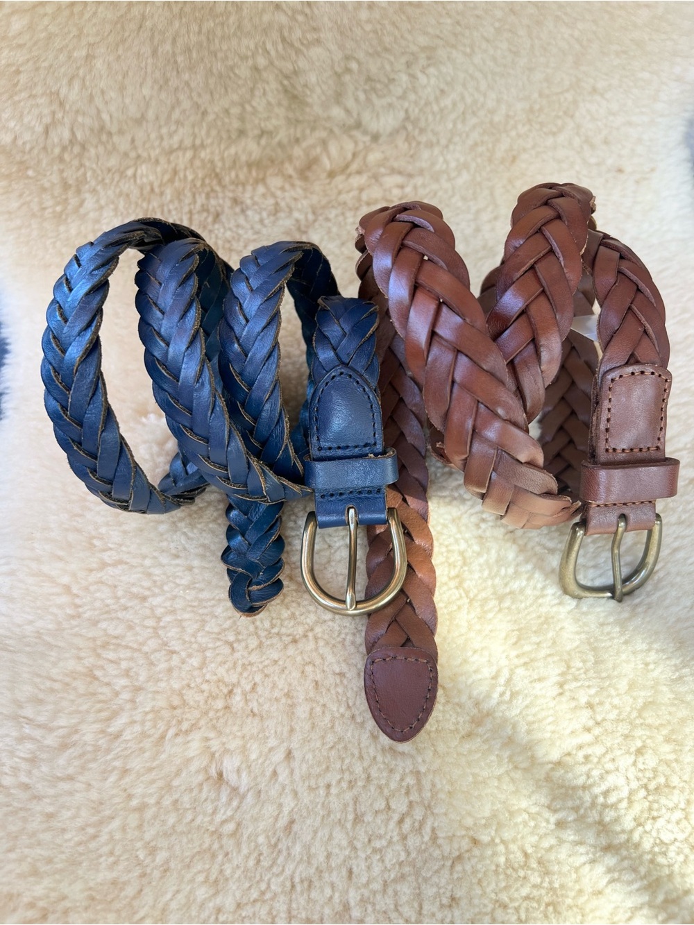 Lot of 2 Braided Leather Belt Round Brass Buckle Classic M / L J.Crew Uniqlo